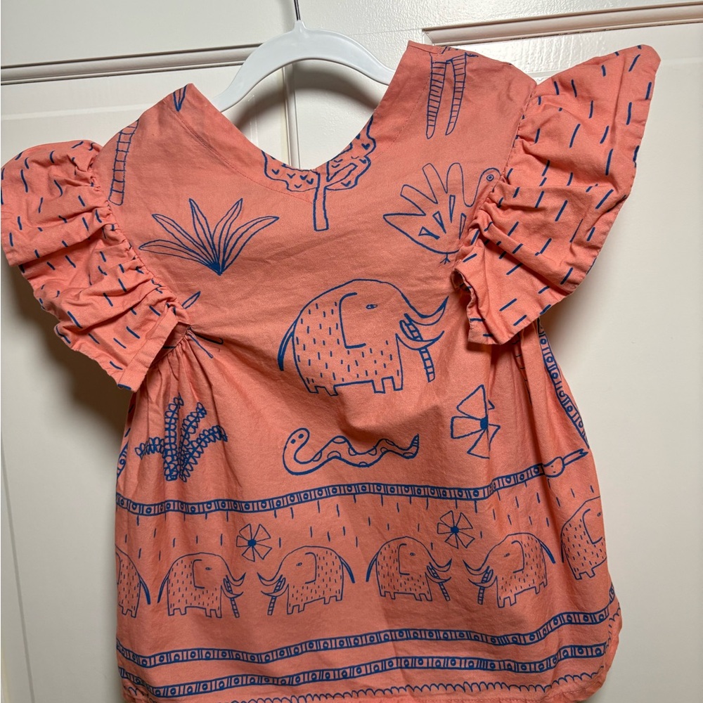 Coral Elephant Print Ruffle Sleeve Dress - Picture 5 of 7